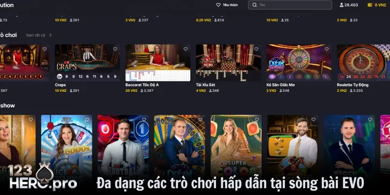 Đa dạng các trò chơi hấp dẫn tại sòng bài EVO