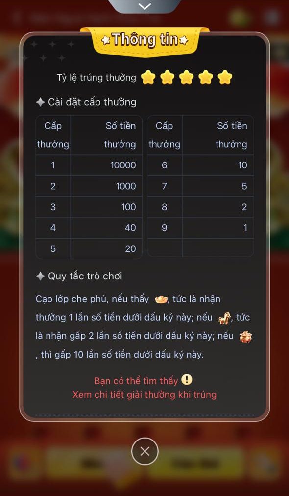 Thông tin hướng dẫn và tỉ lệ trúng thưởng của trò chơi vé số cào online đã có ngay khi khởi động trò chơi